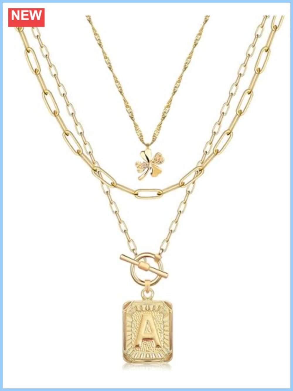 14K Gold Plated Layered Clover Necklace Initial Pendant Paperclip Chain Women's